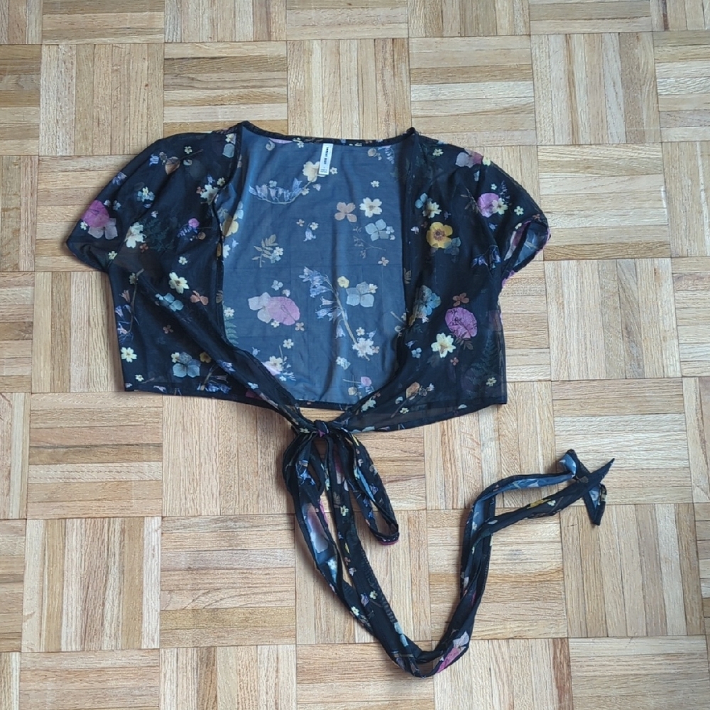 Aritzia Sunday Best Black Floral Tie Wrap Around Mesh Blouse